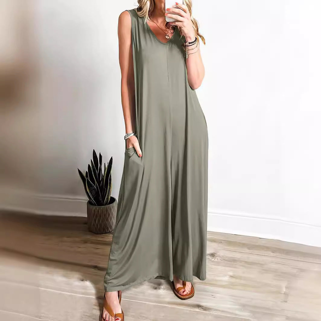 CD | Rochie maxi pentru femei - Tricot moale - Ținută relaxată - Fără mâneci, gât în V cu buzunare