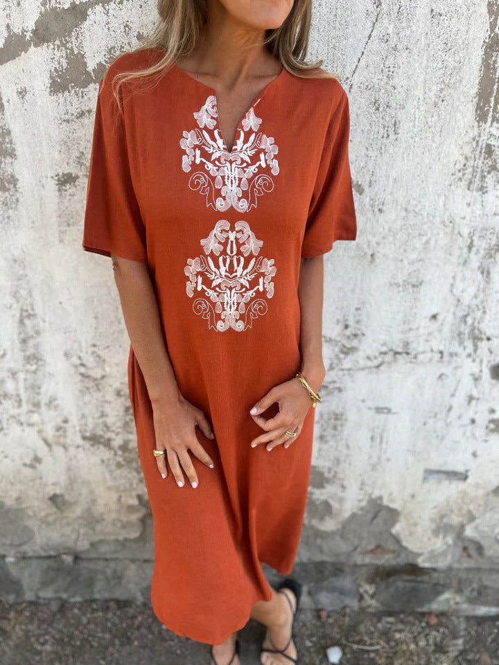 CD | Rochie midi pentru femei - Croială relaxată - Broderie pe față - Fibre naturale - Mâneci scurte