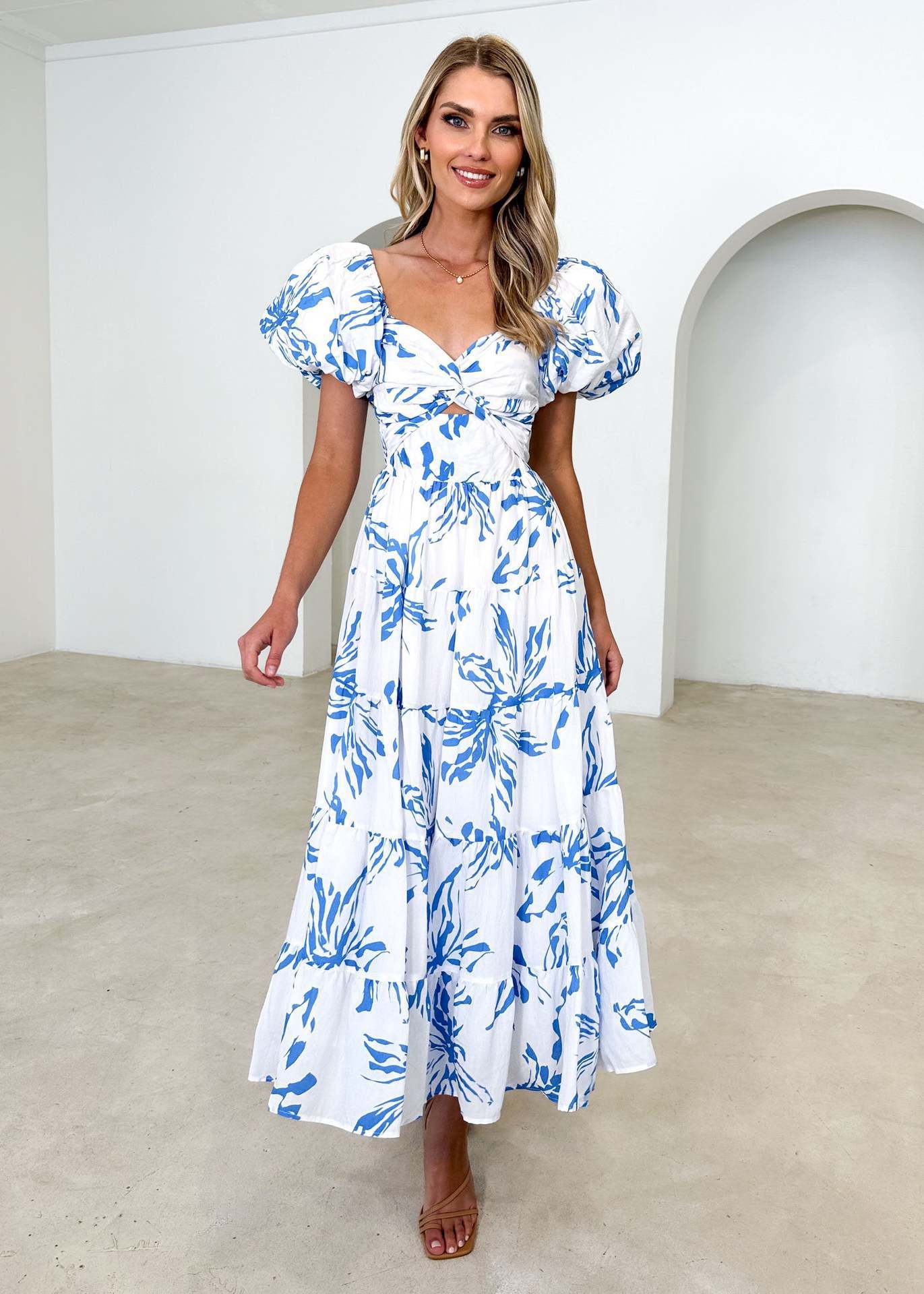CD | Rochie maxi pentru femei - Fit and flare - Mâneci bufante - Partea de sus cropped - Fusta Tiered - Imprimate
