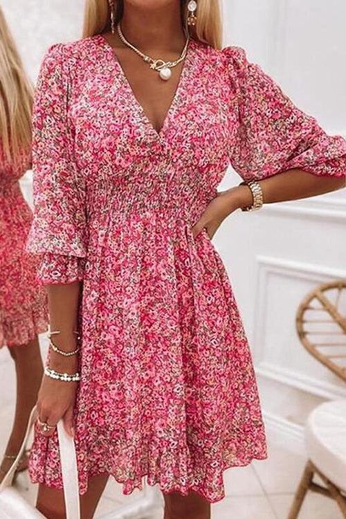 CD | Floral V-neck Elasticated talie rochie mini