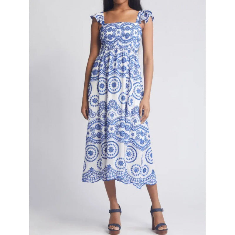 CD | Rochie midi pentru femei - Bumbac ușor - Ținută relaxată - Mâneci cu volane - Decolteu pătrat