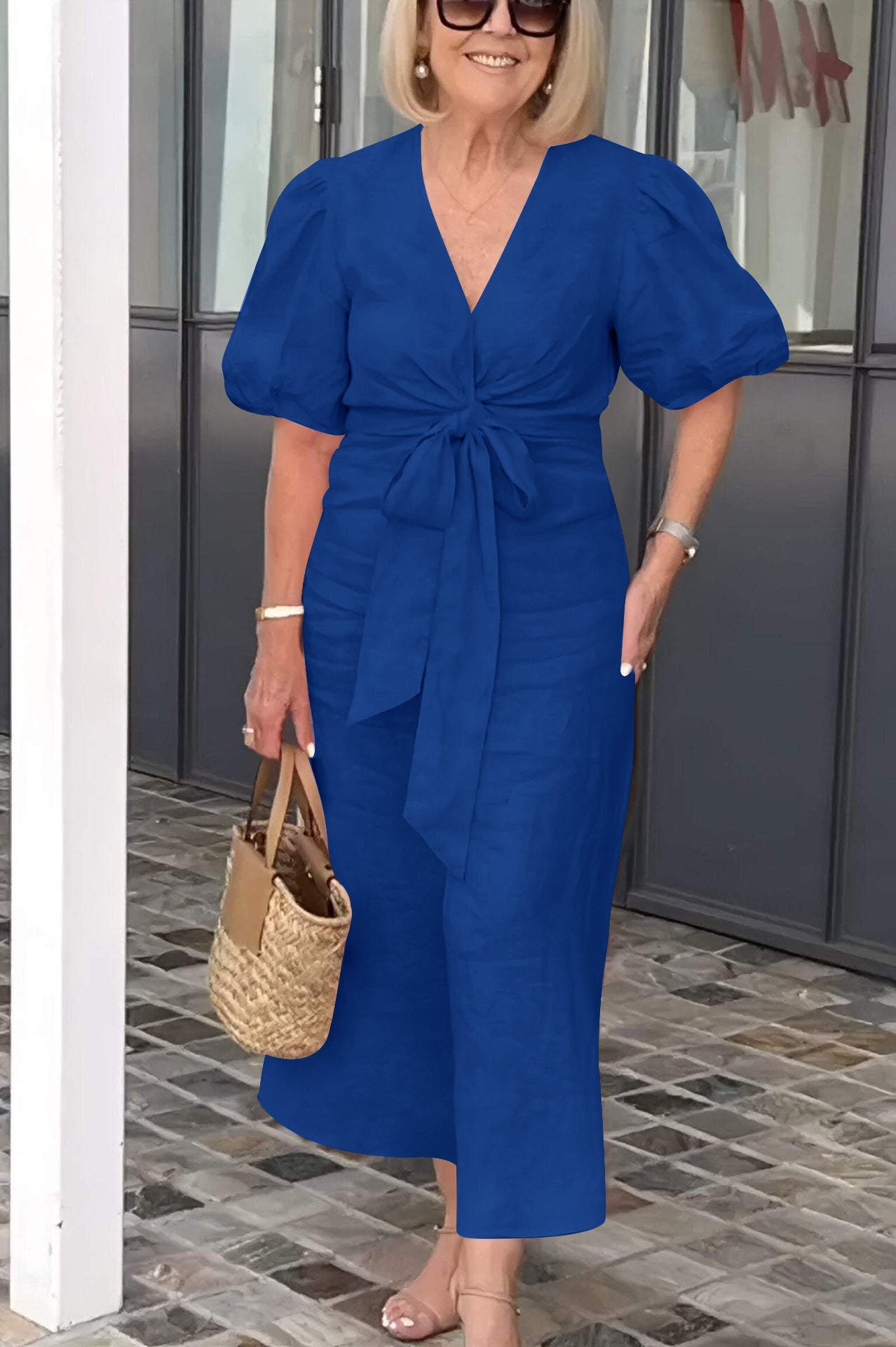 CD | Rochie midi de damă - Fibre naturale - Decolteu în V - Dantelă - Mâneci bufante - Ținută relaxată