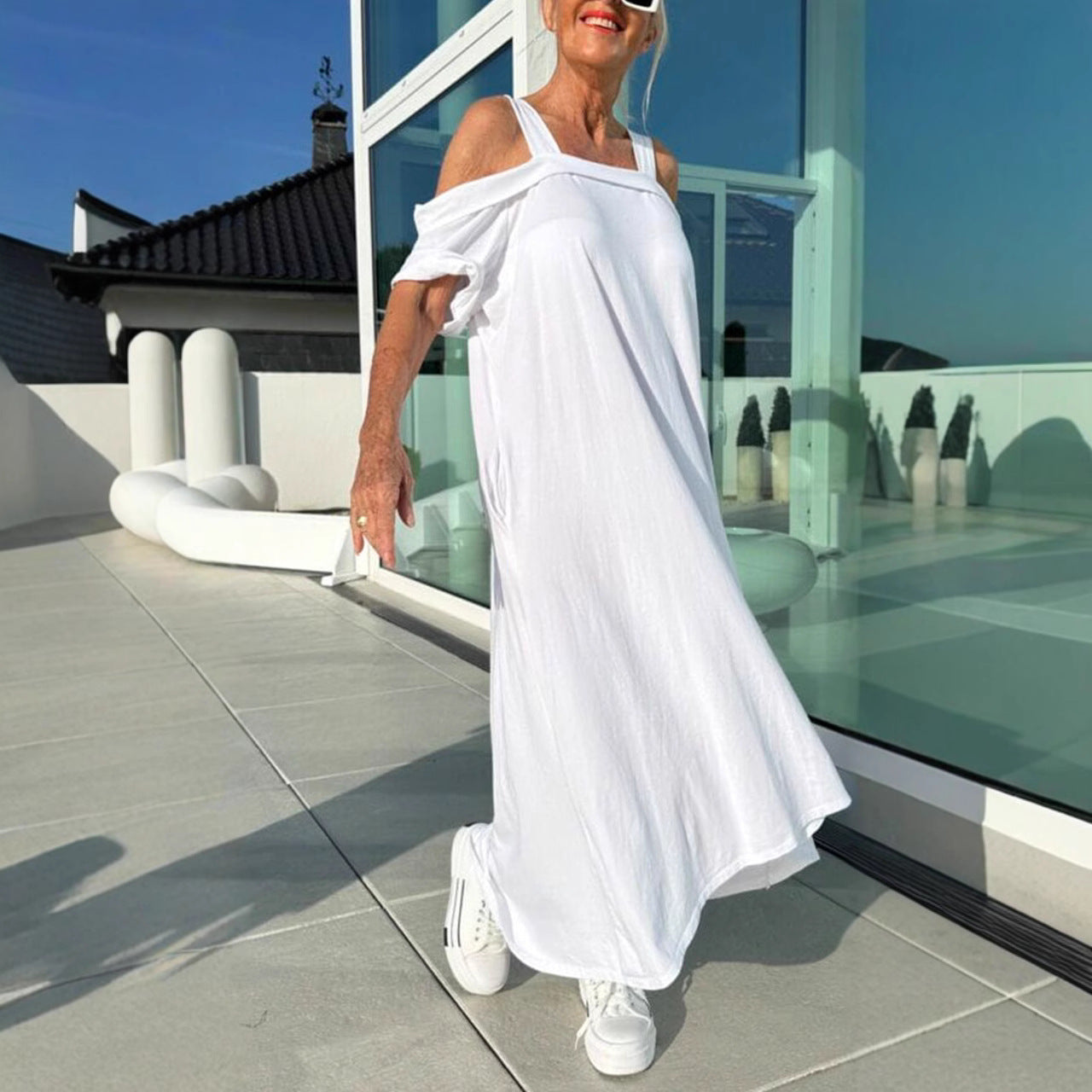 CD | Rochie lungă pentru femei - Fără umăr - Croială relaxată - Bumbac - Purtare casual de zi cu zi