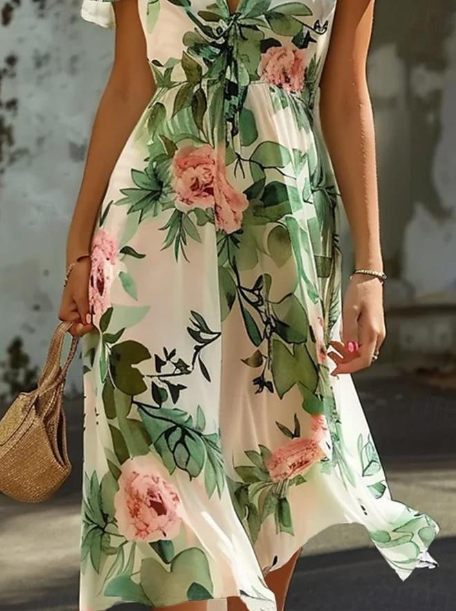 CD | Rochie midi pentru femei - Șifon ușor - Decolteu în V - Mâneci încrețite - Imprimeu floral