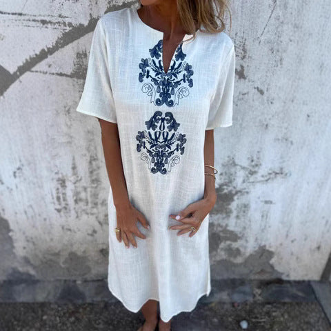 CD | Rochie midi pentru femei - Croială relaxată - Broderie pe față - Fibre naturale - Mâneci scurte