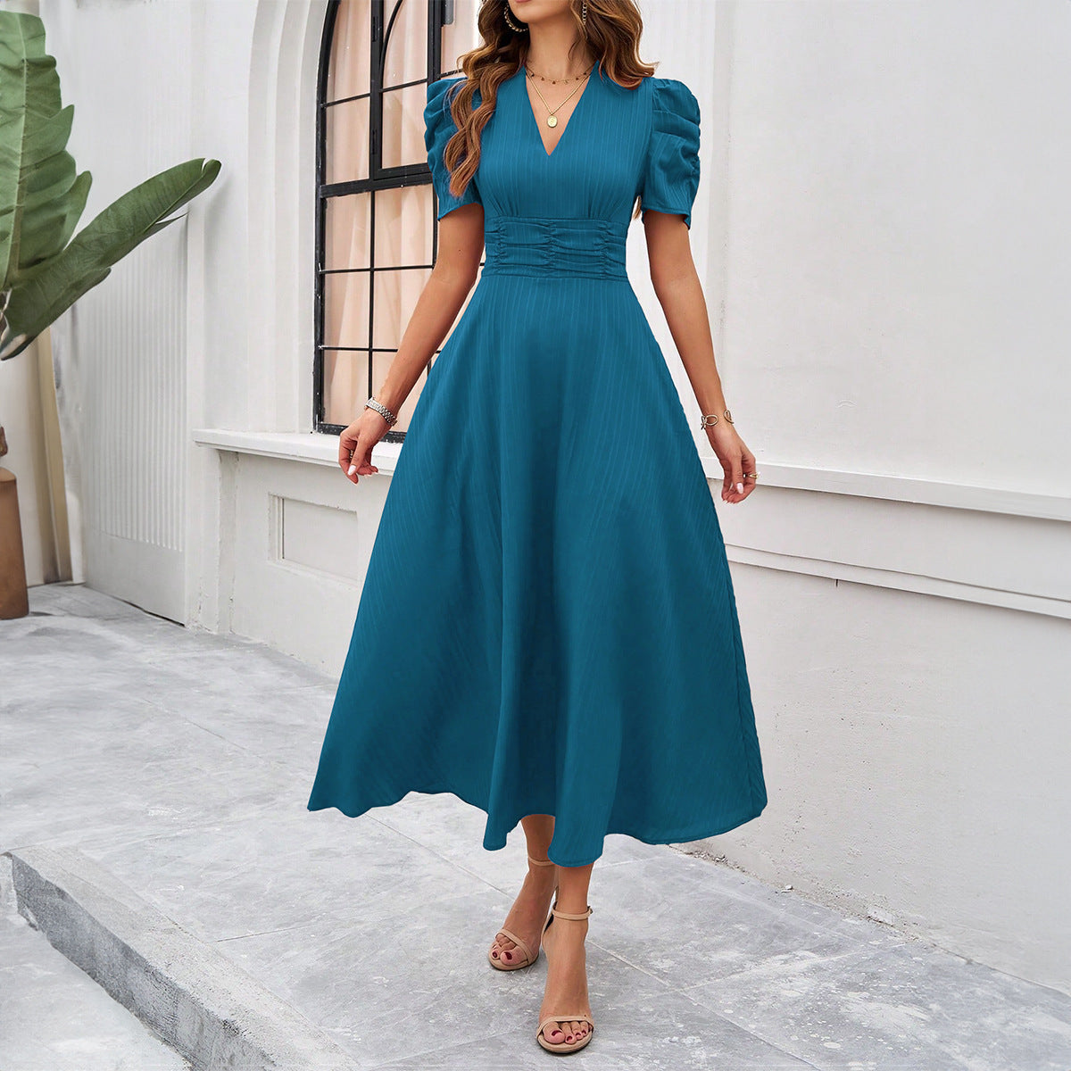 CD | Rochie Midi pentru femei - Fit and Flare - decolteu în V - mâneci bufante - talie strânsă - stil elegant