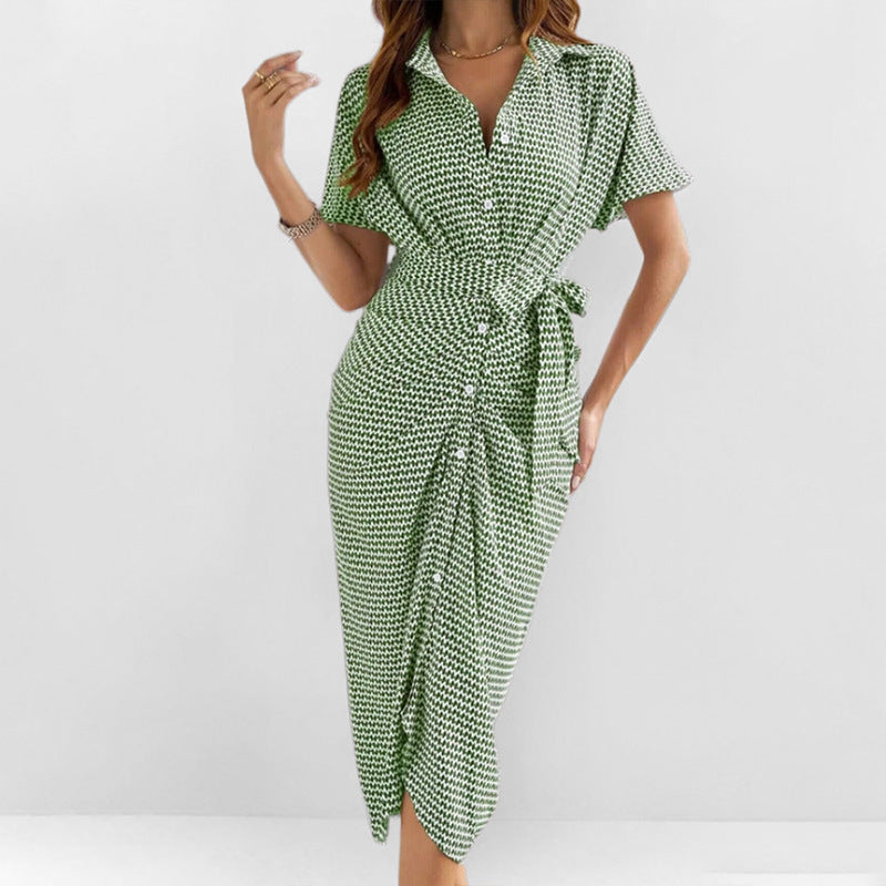 CD | Rochie midi pentru femei - Slim fit - Decolteu în V - Mâneci scurte - Fermoar cu nasturi - Talie