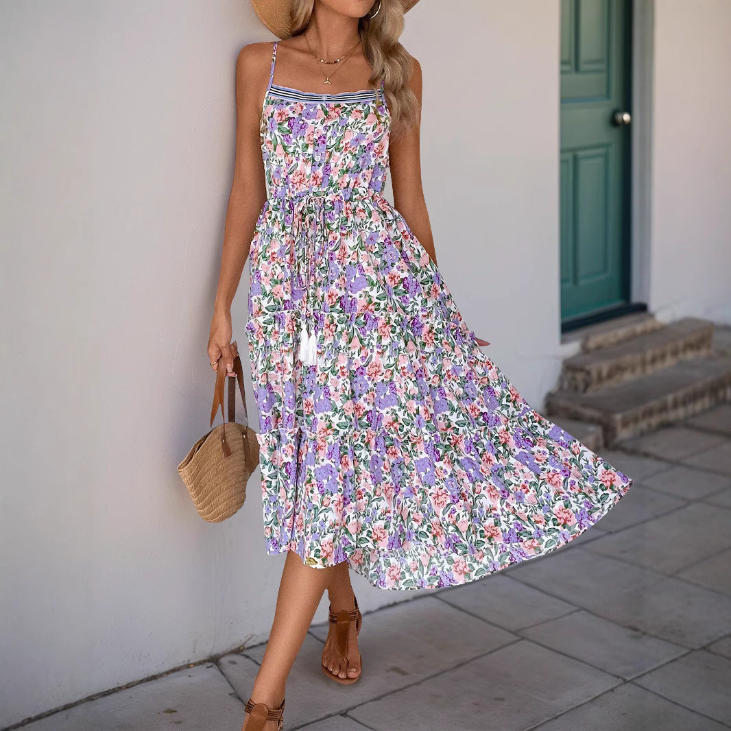 CD | Rochie midi pentru femei - Fit and flare - Imprimeu floral - Volan la tiv - Talie cu cordon