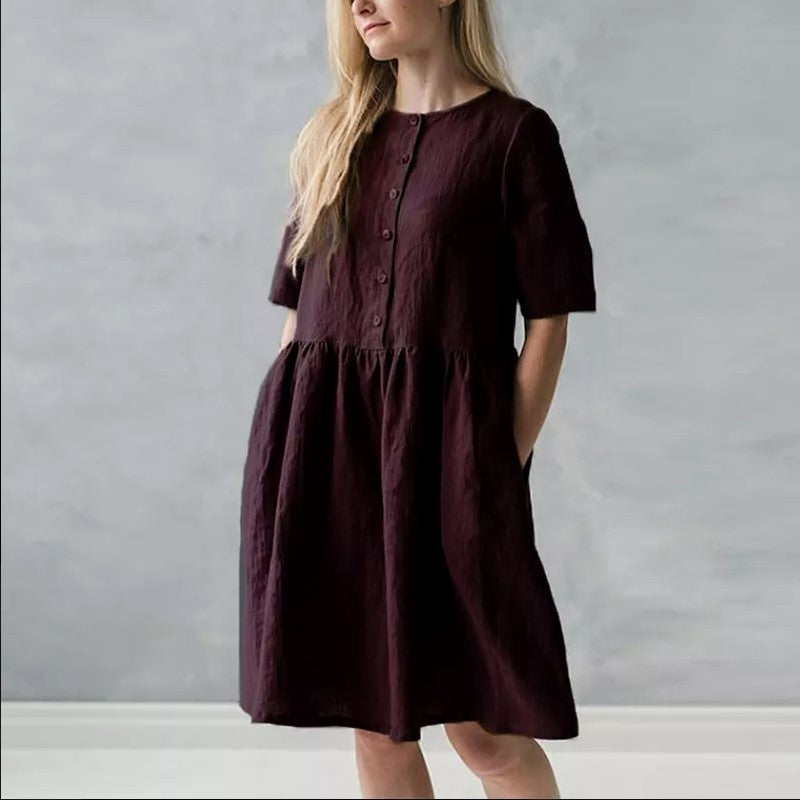 CD | Rochie midi pentru femei - Amestec de bumbac și lenjerie - Ținută relaxată - Mâneci scurte - Buton cu buzunare
