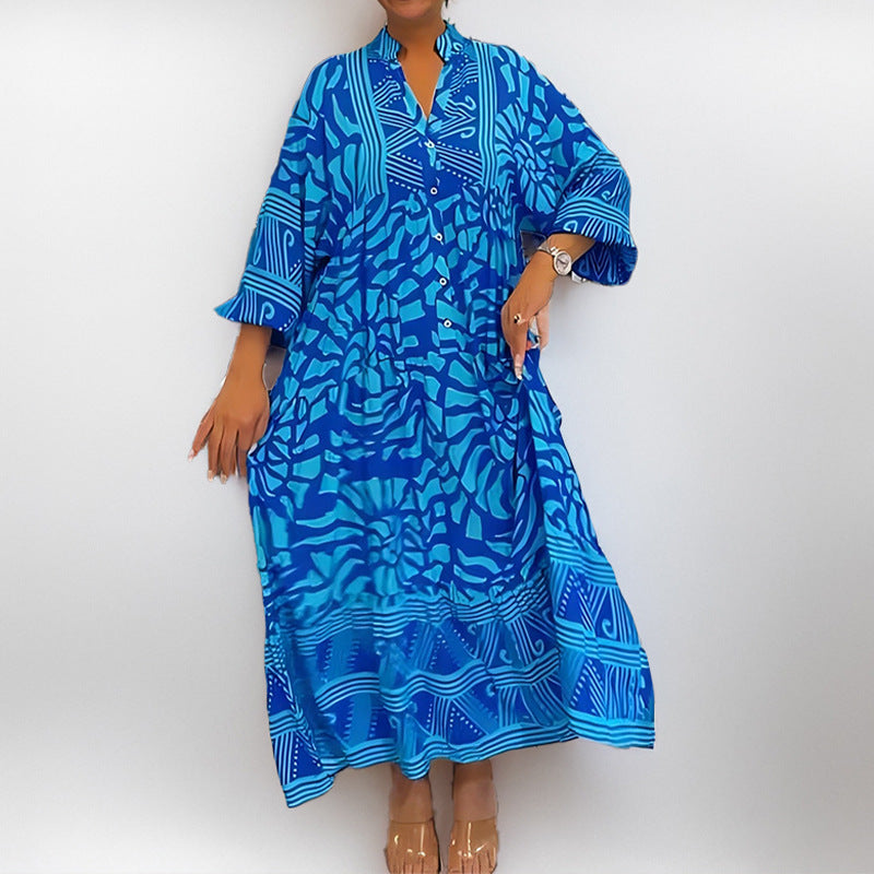 CD | rochie midi pentru femei - croială lejeră - croială cu nasturi - mâneci răsucite - imprimeu abstract - material respirabil