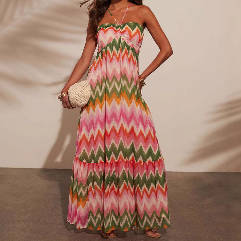 CD | Rochie maxi pentru femei - decolteu - fustă cu cravată - imprimeu zigzag - croială fluidă