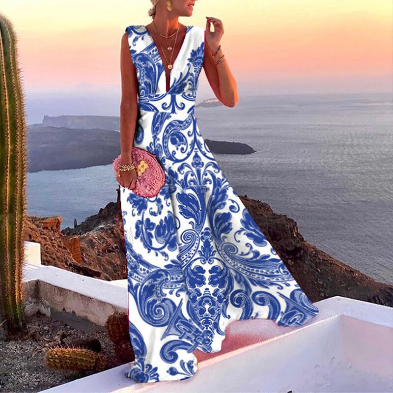 CD | Rochie maxi pentru femei - Croială fluidă - Decolteu adânc în V - Fără mâneci - Model geometric - Amestec de bumbac