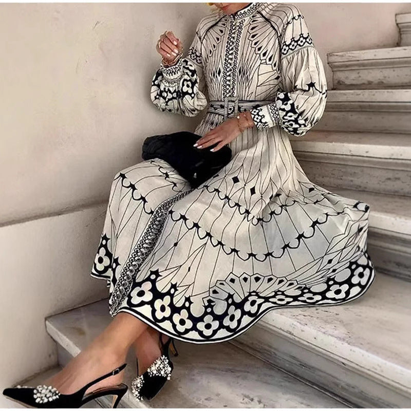 CD | Rochie midi pentru femei - Ținută elegantă - Mâneci lungi - Curea în talie - Fermoar cu nasturi - Model decorat