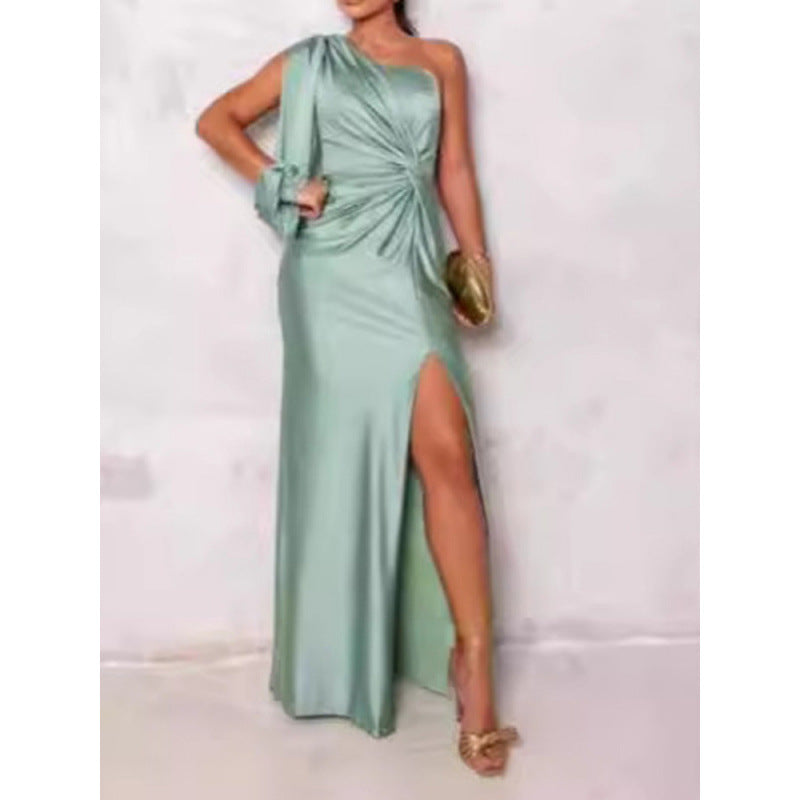 CD | Rochie maxi pentru femei - Satin Finish - Un umăr - Fantă înaltă - Talie încrețită - Slim Fit
