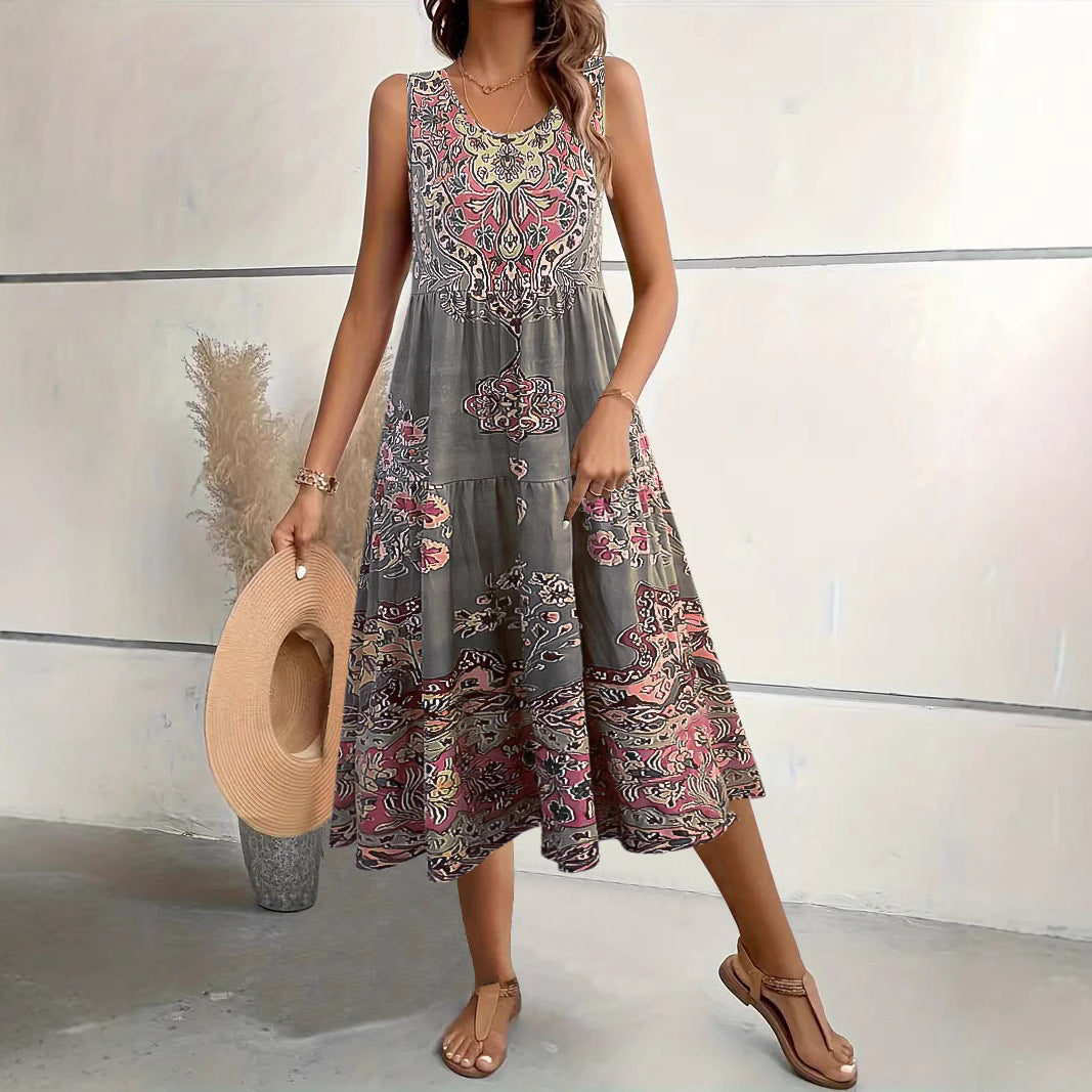 CD | Rochie midi pentru femei - A-line - fără mâneci - decolteu în U - imprimeu floral - amestec de bumbac