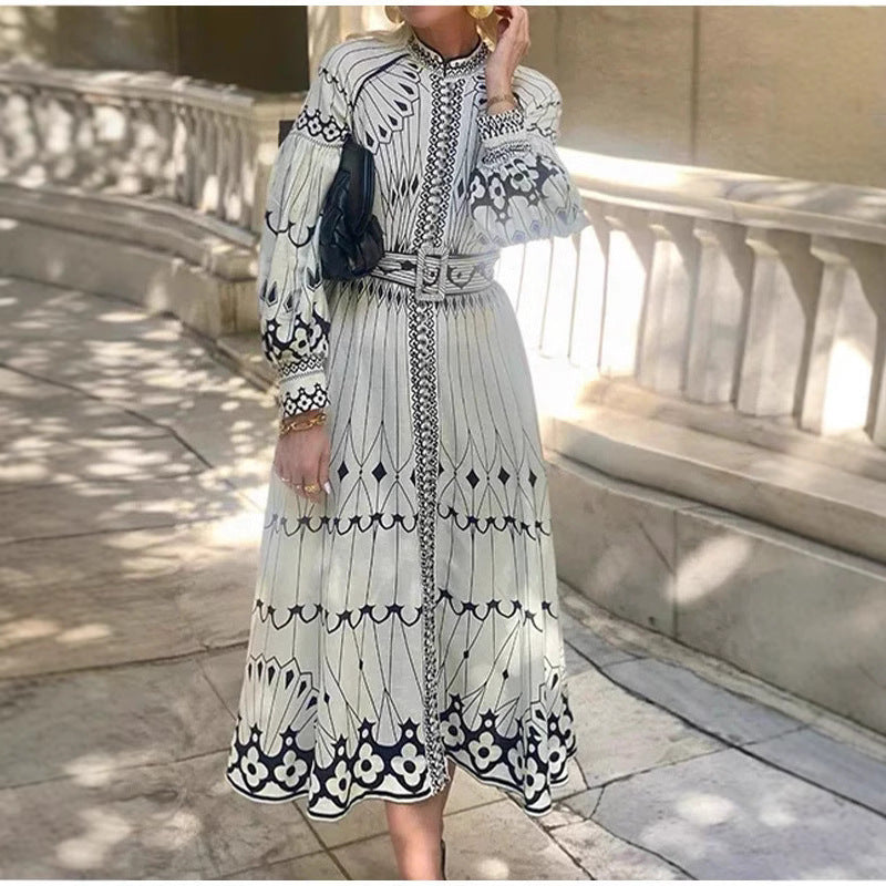 CD | Rochie midi pentru femei - Ținută elegantă - Mâneci lungi - Curea în talie - Fermoar cu nasturi - Model decorat
