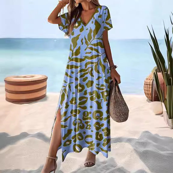 CD | Rochie maxi pentru femei - Ținută relaxată - Decolteu în V - Mâneci scurte - Fantă laterală