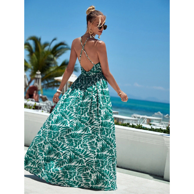 CD | Rochie maxi pentru femei - Croială fluidă - Gât halter - Decolteu adânc în V - Bumbac