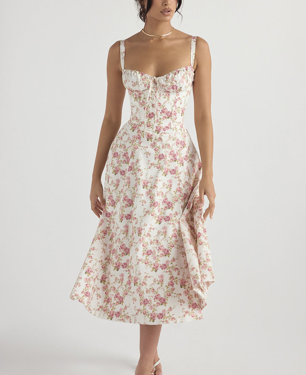 CD | Rochie midi pentru femei - fără mâneci - cu cravată în față - imprimeu floral - ușor, cu croială evazată