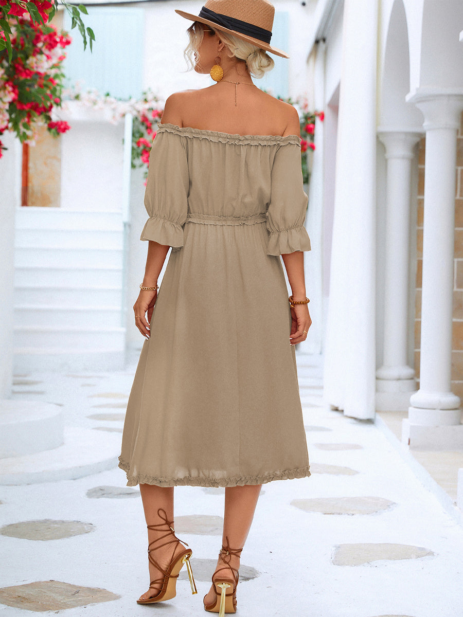 CD | Rochie midi cu mâneci bufante, fără umeri