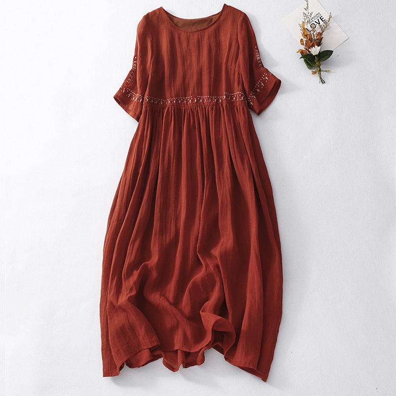 CD | Rochie maxi pentru femei - Ținută relaxată - Bumbac - Mâneci scurte - Dantelă în talie