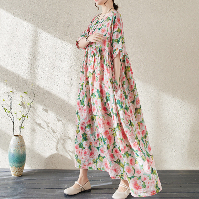 CD | Rochie maxi pentru femei - imprimeu floral - croială lejeră - bumbac ușor - mâneci 3/4