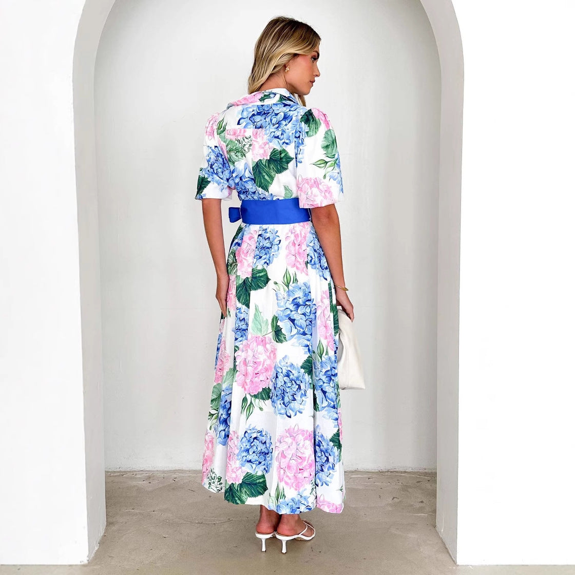 CD | Ladies rochie maxi - A-line - mâneci scurte - imprimeu floral - cravată talie stil boho