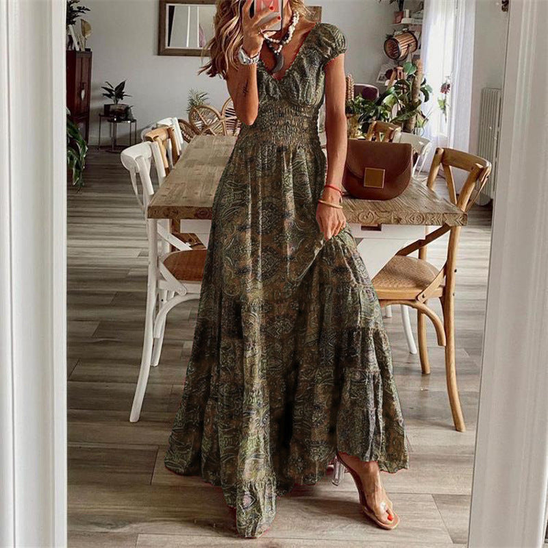 CD | Rochie maxi pentru femei - Decolteu în V - Partea de sus smocked - Fustă cu cravată - Amestec de bumbac - Ținută relaxată