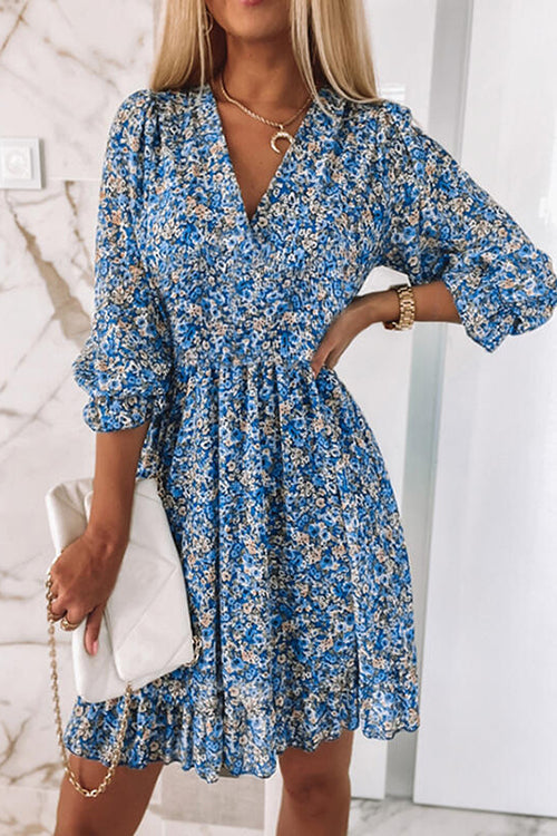 CD | Floral V-neck Elasticated talie rochie mini