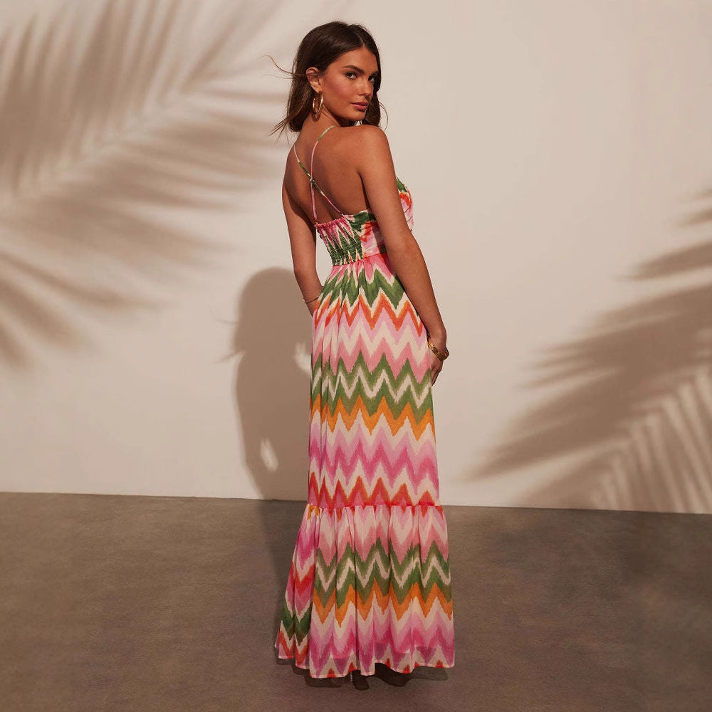 CD | Rochie maxi pentru femei - decolteu - fustă cu cravată - imprimeu zigzag - croială fluidă