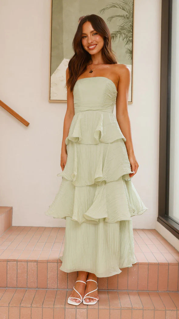 CD | Rochie midi fără bretele pentru femei - Top mulat - Fustă cu volane - Material ușor