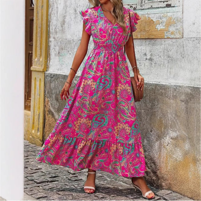 CD | Rochie maxi pentru femei - fără mâneci - decolteu în V - imprimeu floral - tiv cu cravată - croială lejeră