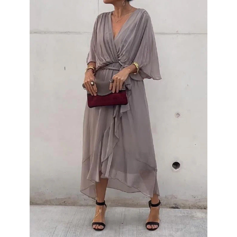 CD | Rochie maxi pentru femei - Ținută relaxată - Mâneci batwing - Curea cu cravată - Tiv asimetric