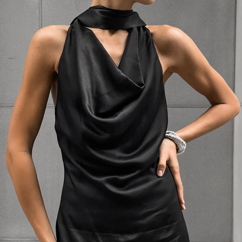 CD | Rochie midi halterneck pentru femei - Satin - Slim fit - Decolteu drapat - Purtare formală