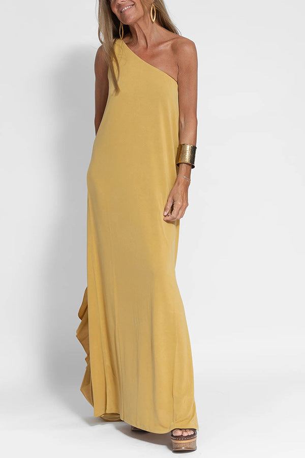 CD | Rochie midi casual fără mâneci, cu un singur umăr, din bumbac și in, cu o croială lejeră