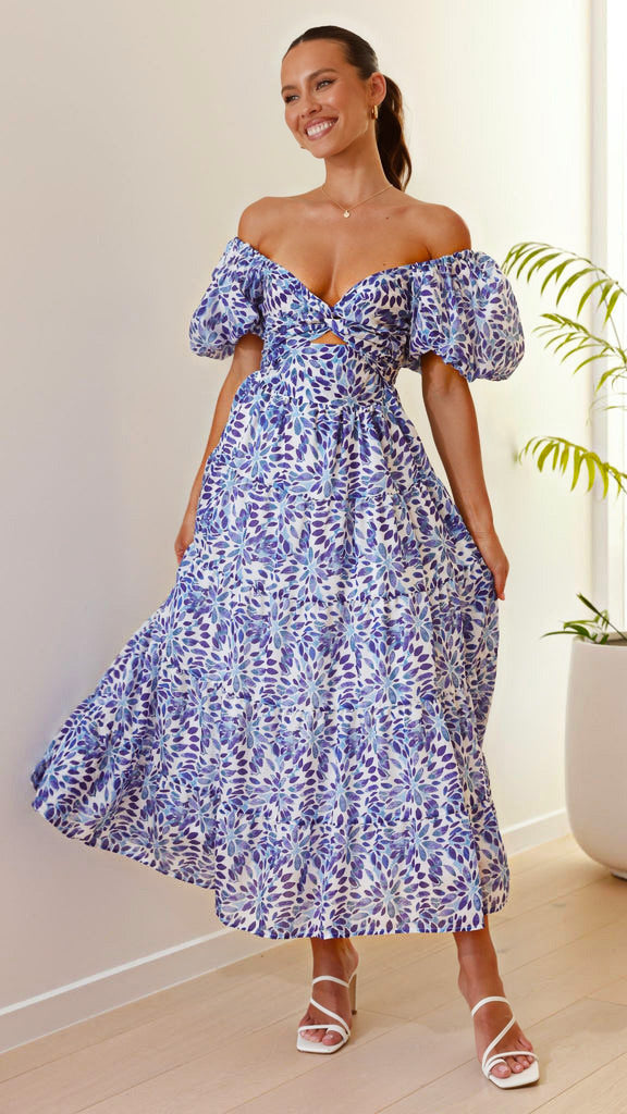 CD | Rochie maxi pentru femei - Fit and flare - Mâneci bufante - Partea de sus cropped - Fusta Tiered - Imprimate