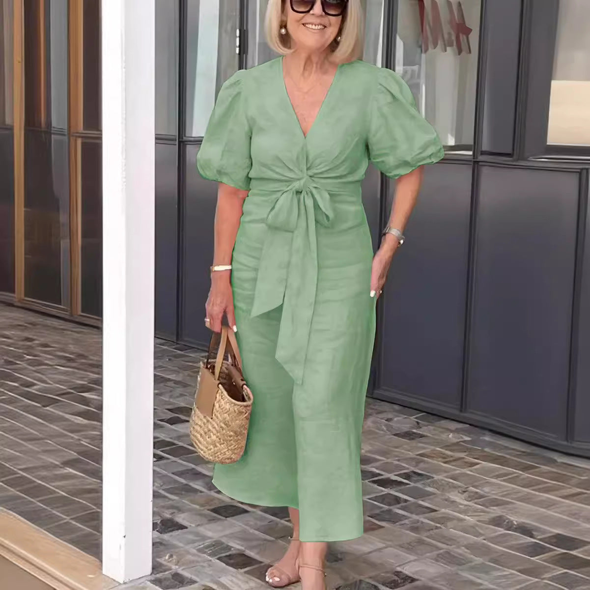 CD | Rochie midi de damă - Fibre naturale - Decolteu în V - Dantelă - Mâneci bufante - Ținută relaxată