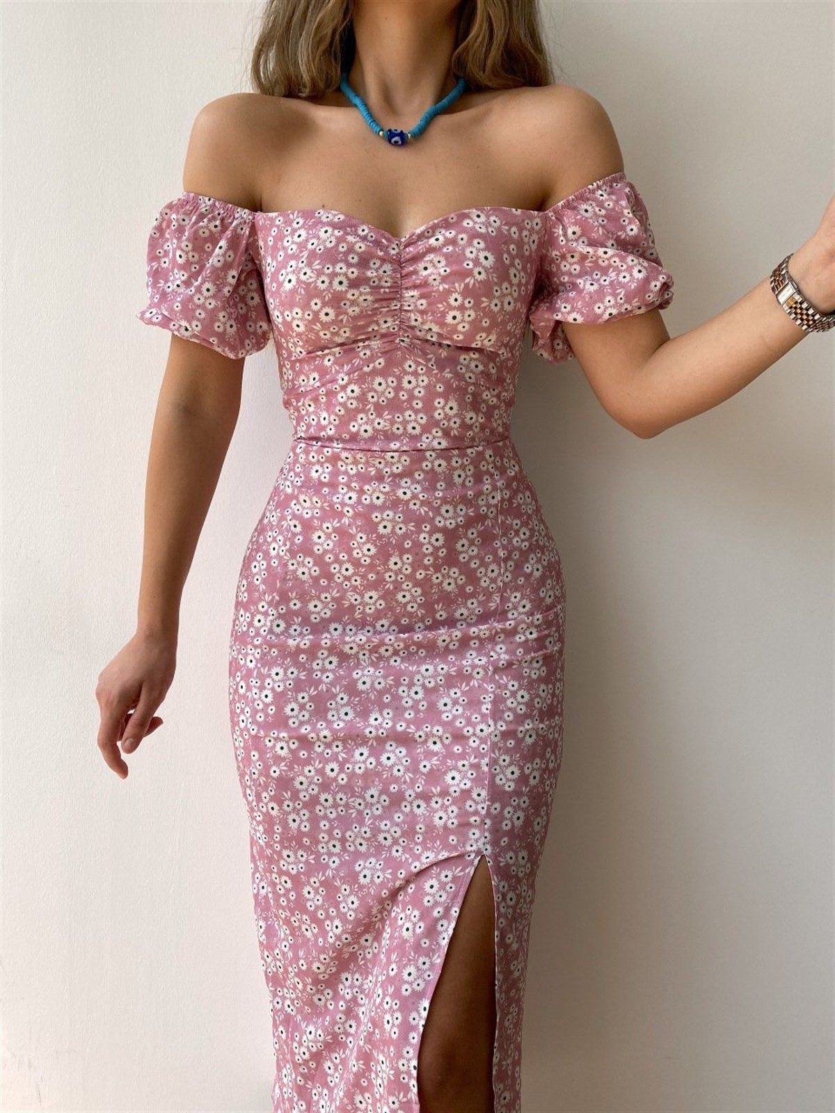 CD | Rochie midi pentru femei - off-the-shoulder - slim fit - ruched top - mâneci bufante - slit