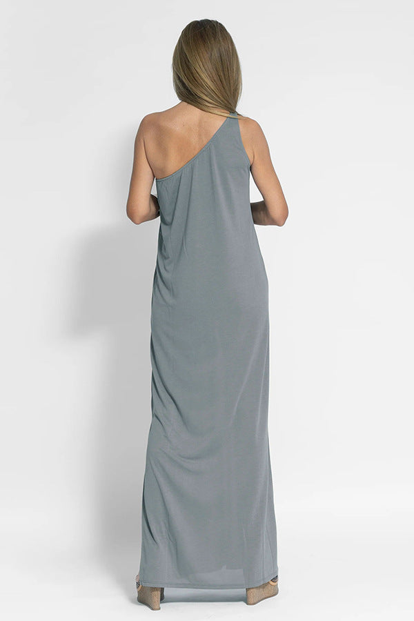 CD | Rochie midi casual fără mâneci, cu un singur umăr, din bumbac și in, cu o croială lejeră