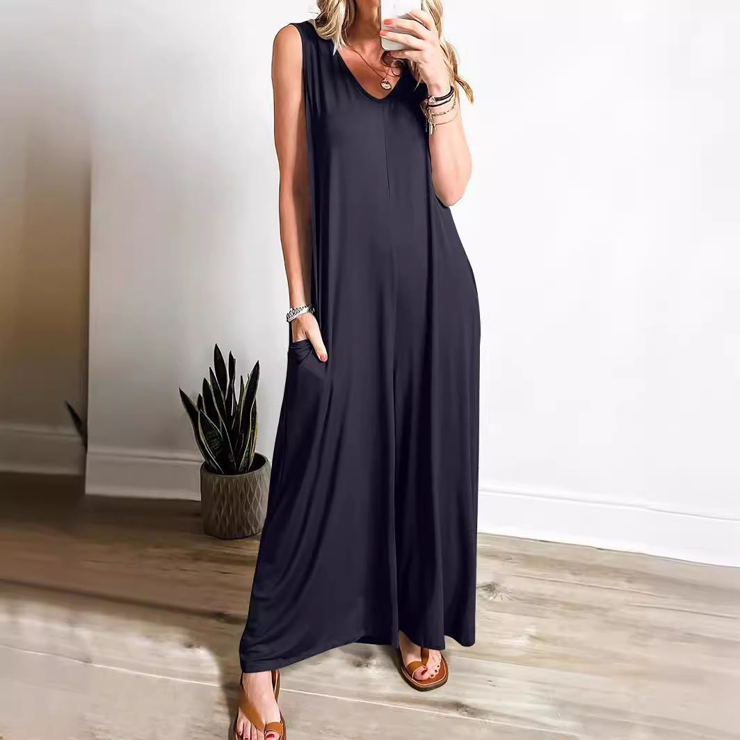 CD | Rochie maxi pentru femei - Tricot moale - Ținută relaxată - Fără mâneci, gât în V cu buzunare