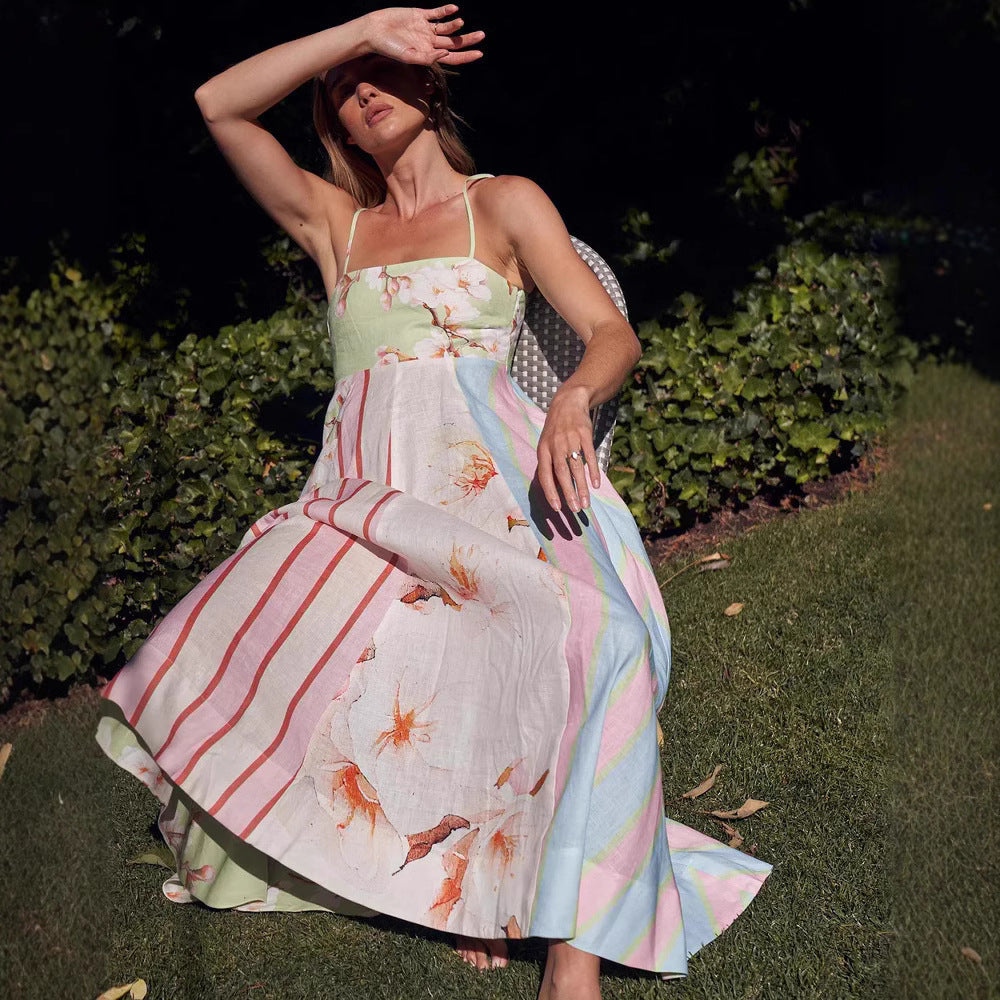 CD | Rochie maxi pentru femei - Bumbac ușor - Croială fluidă - Bretele spaghetti - Imprimeu artistic