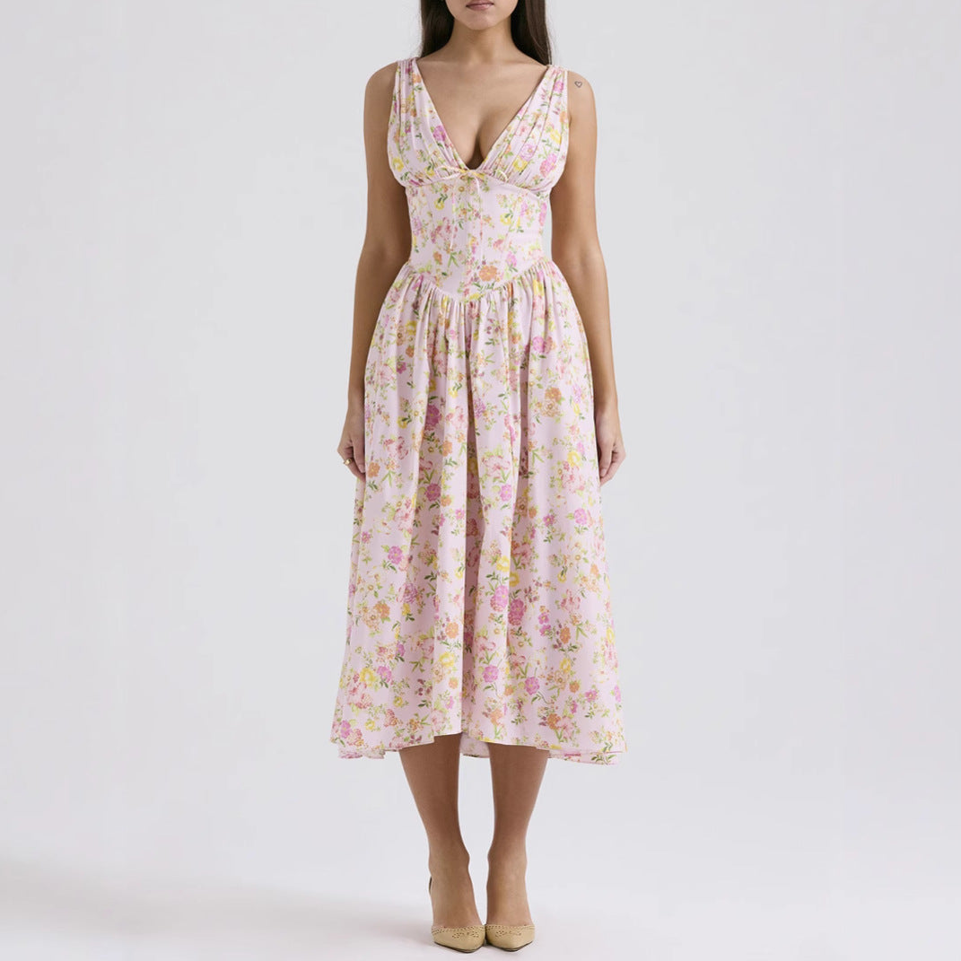 CD | Rochie midi pentru femei - fără mâneci, decolteu în V - croială în formă de A - imprimeu floral - material ușor