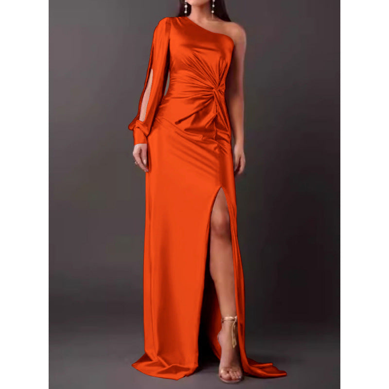CD | Rochie maxi pentru femei - Satin Finish - Un umăr - Fantă înaltă - Talie încrețită - Slim Fit