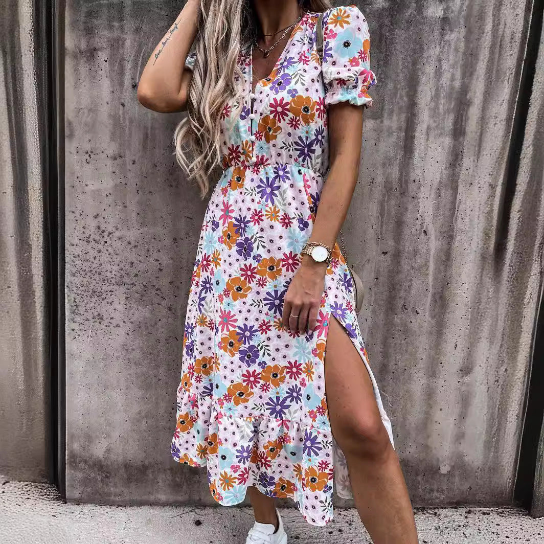 CD | Rochie maxi pentru femei - Talie înaltă - Decolteu în V - Mâneci scurte - Imprimeu floral - Sliț lateral