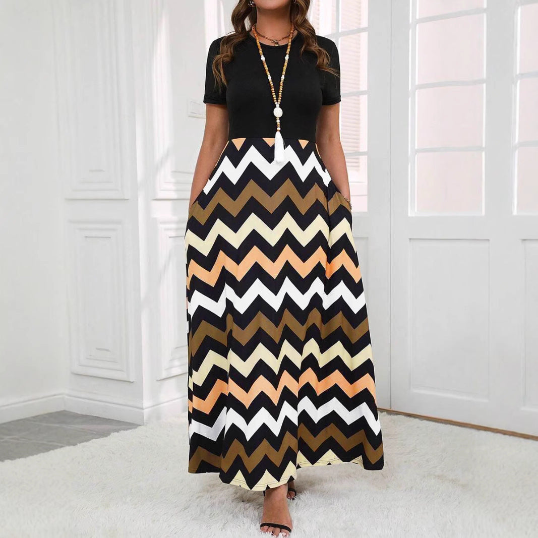 CD | Rochie lungă pentru femei - Wave Print - A-Line - Relaxed Fit - Mâneci scurte - Bumbac respirabil