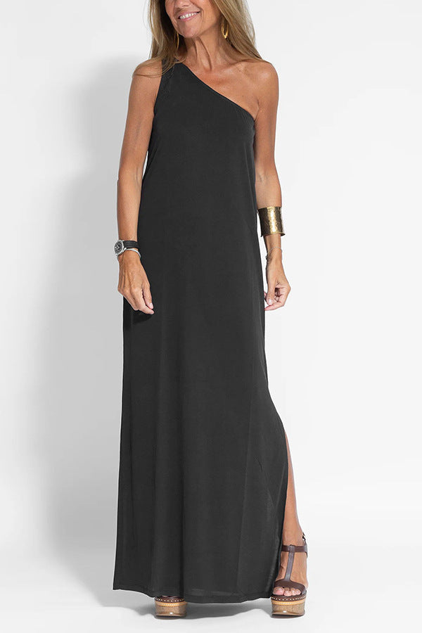 CD | Rochie midi casual fără mâneci, cu un singur umăr, din bumbac și in, cu o croială lejeră