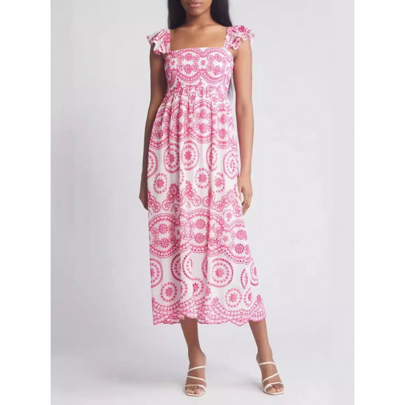 CD | Rochie midi pentru femei - Bumbac ușor - Ținută relaxată - Mâneci cu volane - Decolteu pătrat
