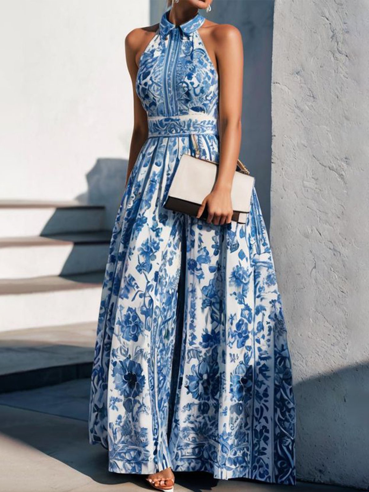 CD | Rochie maxi pentru femei - Gât tip halter - Croială flatantă - Amestec respirabil - Model imprimat