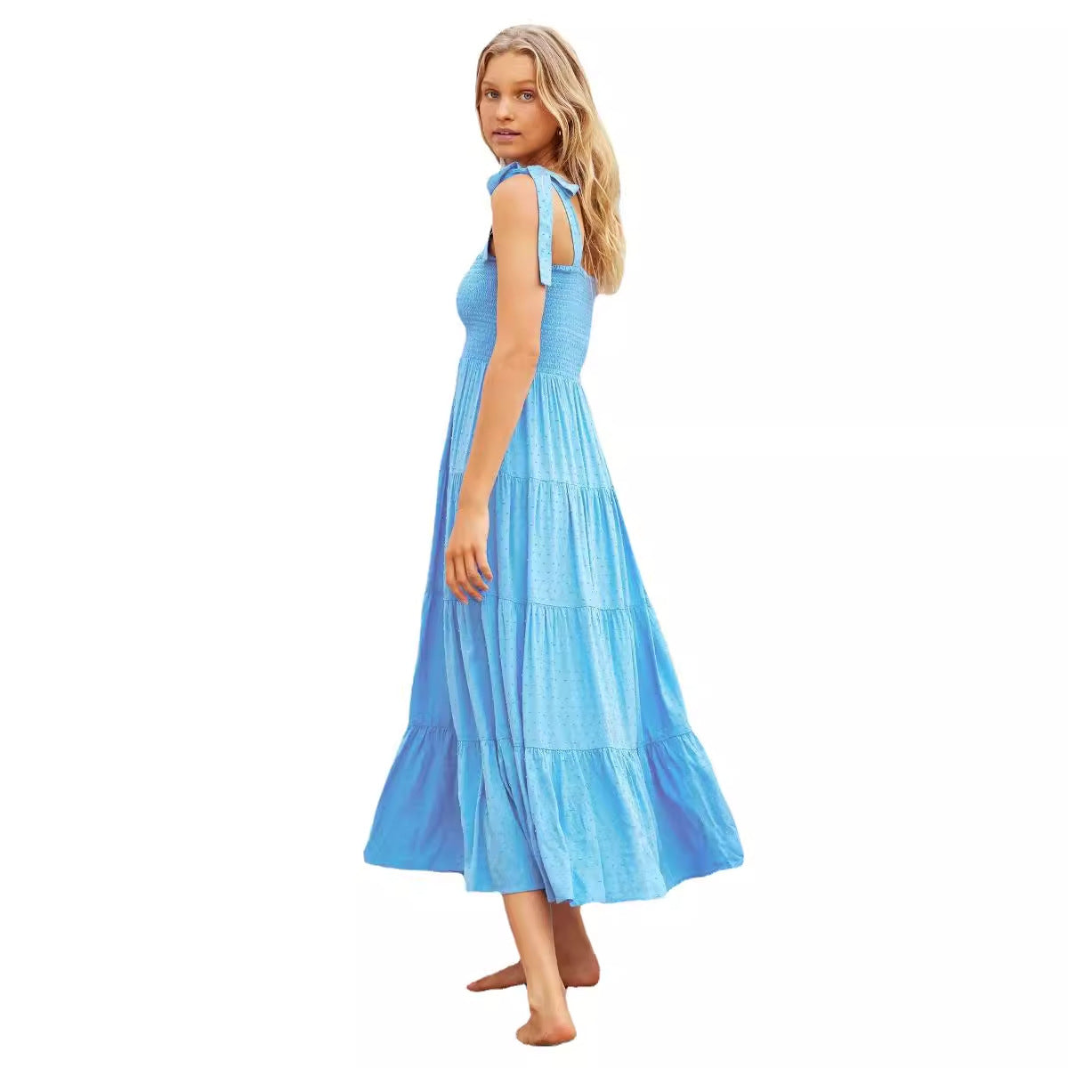 CD | Rochie midi pentru femei - corset smocked - bretele reglabile - fustă A-line cu cravată
