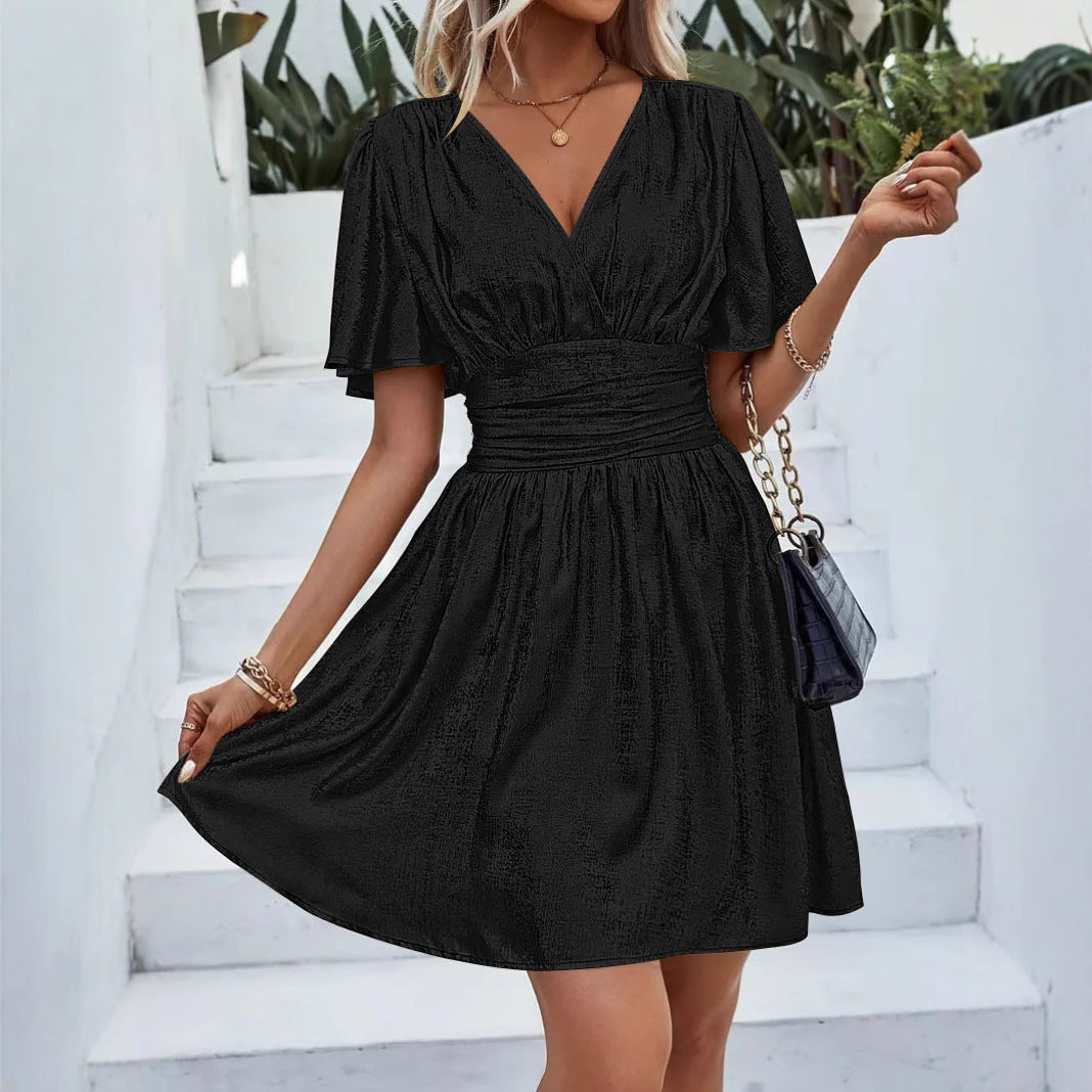CD | Rochie midi pentru femei - Finisaj strălucitor - Croială A-line - Decolteu în V - Aspect Wrap - Mâneci fluture